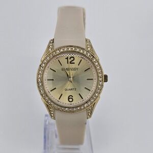 Embassy Women's Watch 34MM  Gold Dial Cream Plastic Bands New Battery